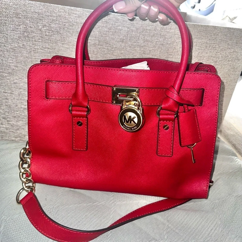 Red leather shoulder bag top handle satchel bag Michael Kors Hamilton purse